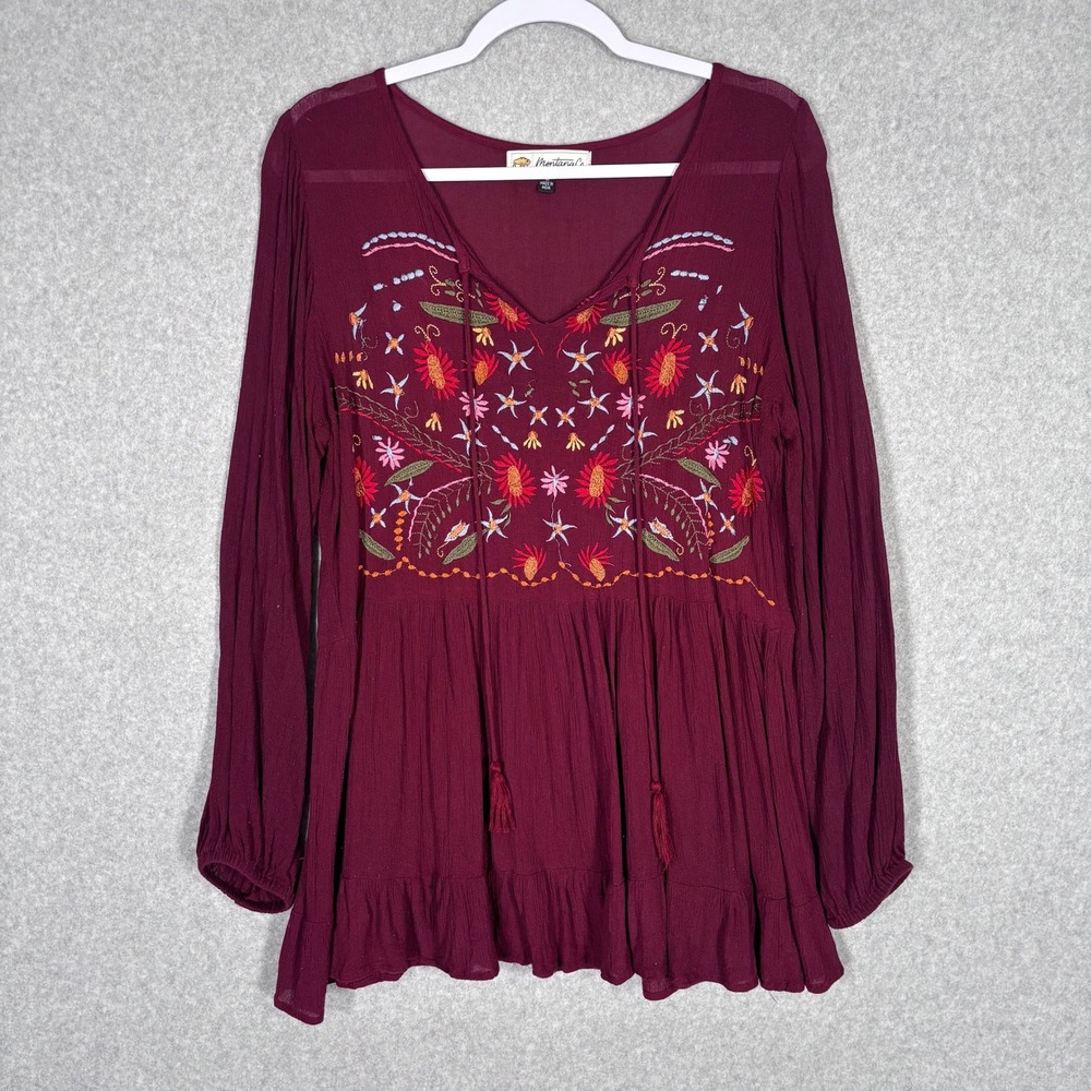 Montana Co‎ Babydoll Peasant Top Medium Burgundy Embroidered Boho Crinkle Flowy